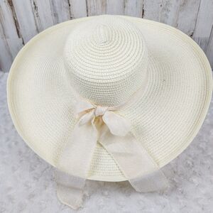 Beige Wide Brim Ribbon Floppy Sun Hat Size One Size